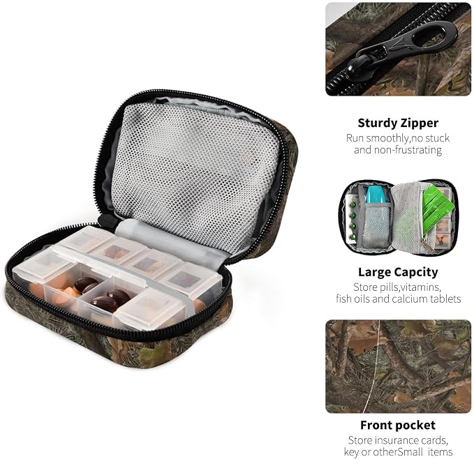 Vintage Camo Pill Case, Weekly Portable Pill Bag Container 7 Days Pill Box Organizer Vitamin Supplement Holder with Zipper for Travel Family Business