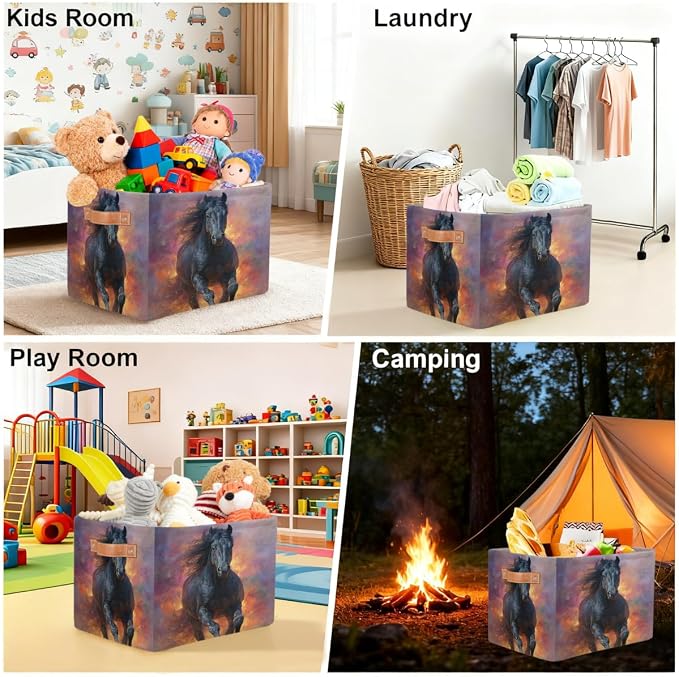 Pardick Storage Baskets Bin, Flame Animals Horse Collapsible Canvas Fabric Storage Bin Decorative Baskets Toy Organizer Rectangle Storage Boxes with handles for Home Shelves Nursery,Q-13