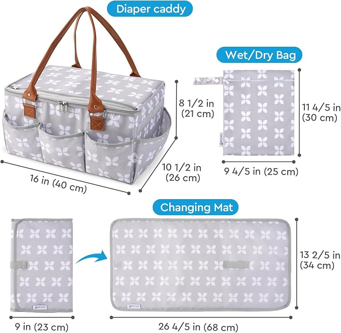Diaper Caddy with Changing Mat, Large Baby Diaper Caddy Organizer with Lid, Portable Organizer Basket for Baby Essentials, Roll-Up Lid, Built-In Changing Mat Pocket