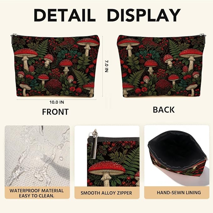 JIUWEIHU Vintage Red Mushroom Makeup Bag Forest Cottagecore Cosmetic Bag | Mushroom Gifts Travel Toiletry Bags for Women Girls Friends Sisters Wife Christmas Friendship Graduation Birthday Gifts