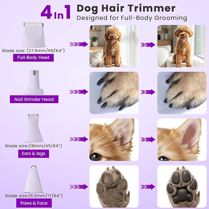 Veeconn Dog Clippers for Grooming - 4-in-1 Dog Clippers Grooming Kit with Low Noise & IPX7 Waterproof Design Includes Comb Paw Trimmer Nail Grinder - Rechargeable & Cordless Dog paw Trimmer (Purple)