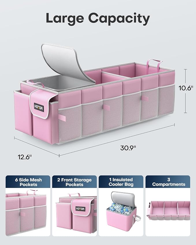 HOTOR Trunk Organizer, Sturdy Foldable with Cooler for Car, Sudan & SUV | Car Organizers and Storage, Detachable Cooler Bag, for Tools, Camping, 3 Compartments, Pink, 31.5” x 12.6” x 10.6”