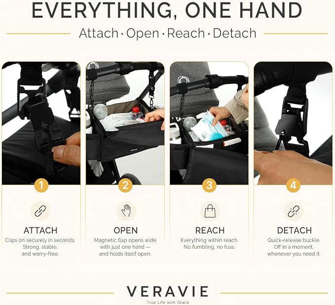 VERAVIE Extra Large Stroller Caddy Organizer Storage Bag, Cup Holders | One-hand magnetic closure, shoulder strap, diaper bag, wagon & pet stroller accessories, new mom essentials, baby travel gear