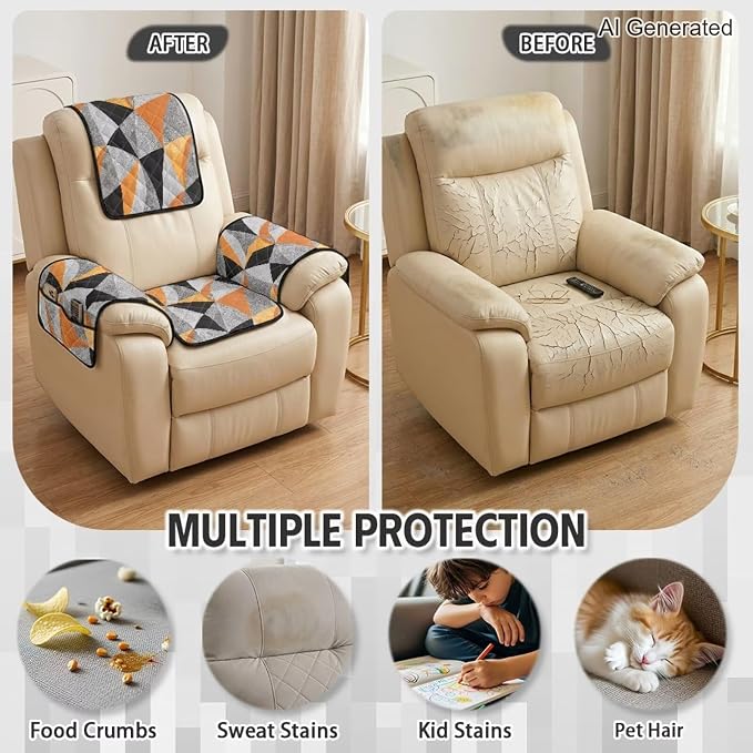 Abstract Geometric Recliner Chair Covers 4 Piece Washable | Modern Quilted Recliner Protectors with Pockets Non Slip Armchair Arm Covers Fit for Leather Seat Home Office,Stain Resistant