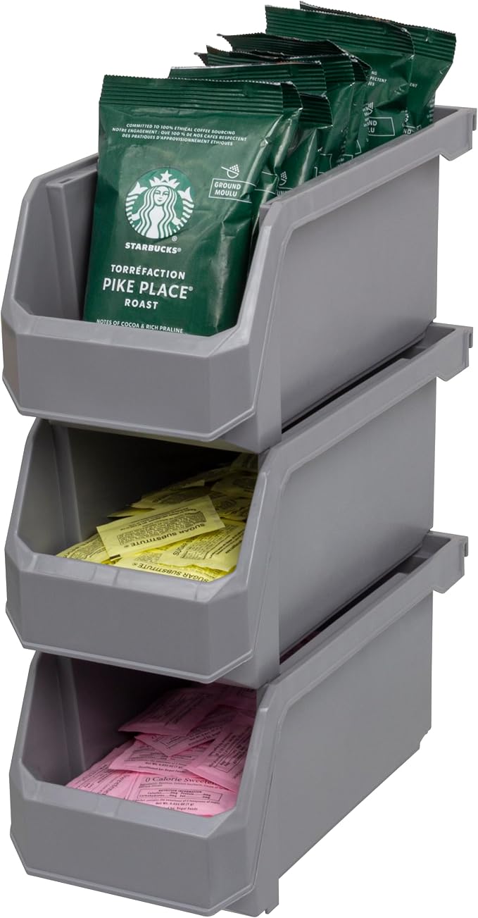 Medium Stackable Plastic Storage Bins, 8-Pack, Gray | Open-Front Stackable Bins For Garage, Pantry, Closet & Office, 11"L X 5,5"W X 5"H, Nests When Empty, Durable Plastic,