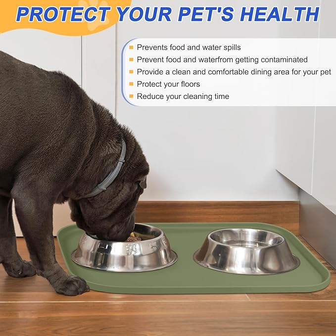 SMILOOL Silicone Pet Feeding Mat with Raised Edge for Food and Water, Dog Bowl Mats, Cat Bowls Placemat with High Lip for Floor Waterproof, Rubber Tray for Cats and Dogs 22 x 14 x0.8 Light Olive Green