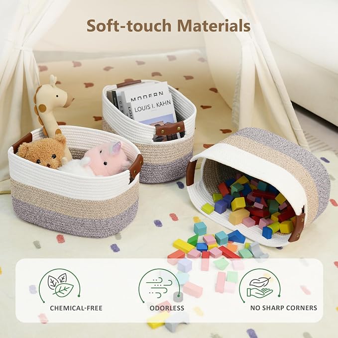 ECDYQXVU 15x10x9 Woven Cotton Rope Storage Basket, Leather Handles 2 Pack | Foldable Design, Sturdy PU Handles, Easy to Clean Organizer for Living Room, Closet, Shelves, Bedroom, Laundry, Clothes