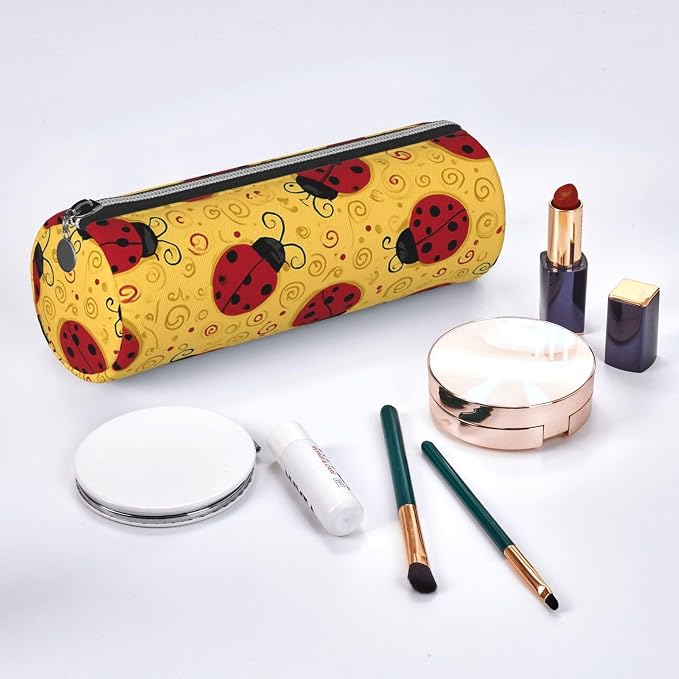 OSAM SPACE Leather Pencil Case Round Pencil Bag Cute Red Ladybugs Swirls Pen Organizer Holder Portable Zipper Pouch Cute School Supplies for Girls Boys Study Office