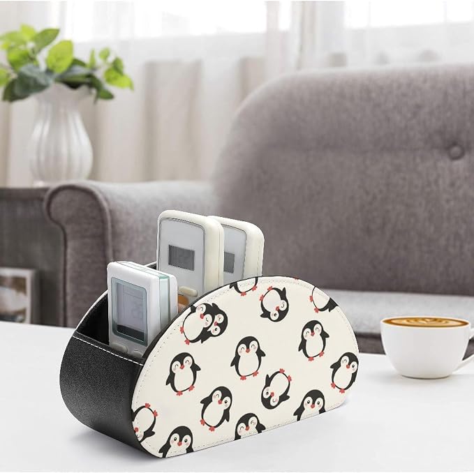 Pu Leather Remote Control Holder Cute Penguins 5 Slot Desk Caddy Box | Cute Penguins Office Desktop Storage Organizer for Controller, Media Player, Stationery Supplies