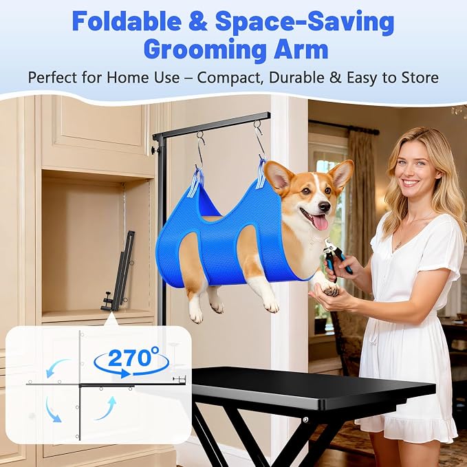 Dog Grooming Arm, 26"-38" Adjustable Clamp with Hammock | Nail Clippers Included, Adjustable Height, Heavy-Duty Design, 2 No-Sit Holders, Small & Medium Dogs