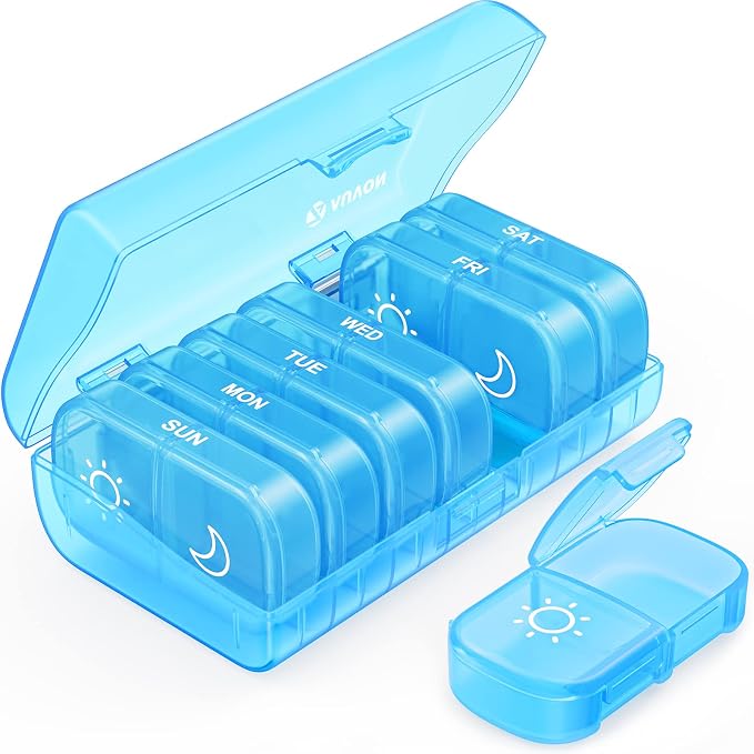AUVON Weekly Pill Organizer 2 Times a Day, One-Sided Opening, Easy to Use | AM PM Pill Case, XL Pill Box 7 Day, Travel Medication Organizer for Medication, Vitamins, Fish Oils, Supplements, Blue