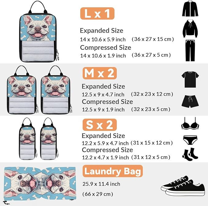 Dog Print Compression Packing Cubes Animal 6 Set Travel Packing Cubes for Suitcases Lightweight Expandable Organizers