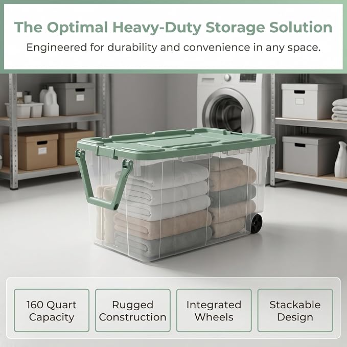 2 Pack 40 Gallon Wheeled Clear Storage Bin With Pull Handle & Latching Lid