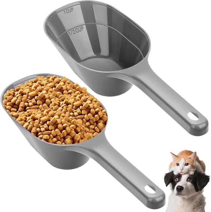 2 PACK Dog Food Scoop,1 Cup Capacity Pet Food Scoop For Dog and Cat (Grey) | Clear Markings for Precise Measuring 1/2 and 1 Cup Lines,Dishwasher Safe,Plastic,Portable and Sturdy