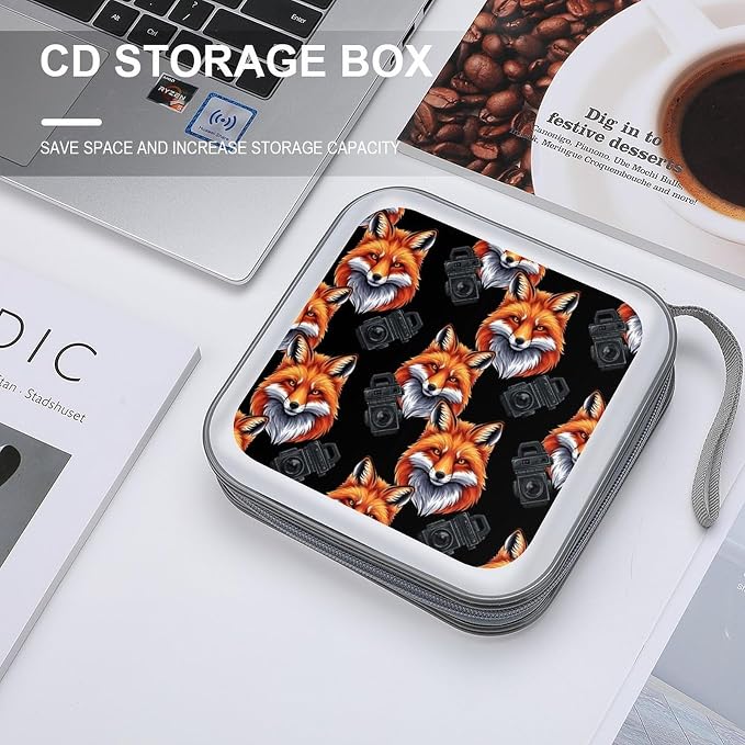 Hard Plastic 40-Disc Storage Binder Fox Art, Protective CD/DVD Wallet with Zipper, Portable Organizer for Movies Music