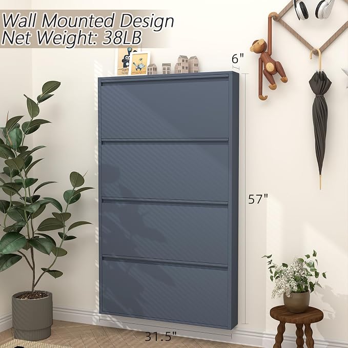 GREATMEET Shoe Cabinet with 4 Flip Drawers, Slim Metal Shoe Cabinet Storage for Entryway, Hidden Narrow Shoe Rack Organizer Cabinets Wall Mount for Living Room, Bedroom, Hallway, Blue