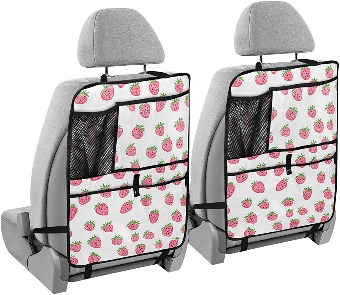 JIPONI Car Backseat Organizer, Small Strawberrys Automotive Back Seat Protector, Kick Mats with Storage Pockets for Kids Pets, Road Trip Accessories