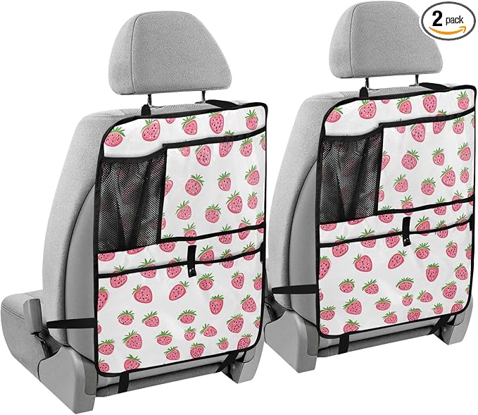 JIPONI Car Backseat Organizer, Small Strawberrys Automotive Back Seat Protector, Kick Mats with Storage Pockets for Kids Pets, Road Trip Accessories (2 Pack)