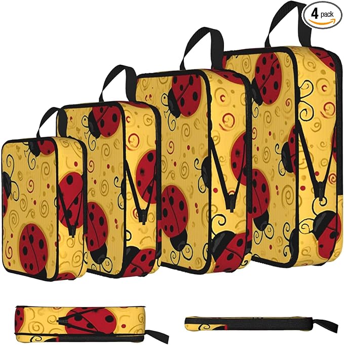 4 Set Compression Packing Cubes for Travel | Cute Red Ladybugs Swirls Cube Storage Organizer For Carry On Expandable Space Saver Packing Bags Travel Essentials