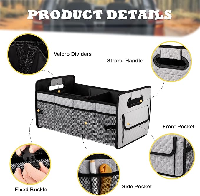 Car Trunk Organizer for SUV, Collapsible Car Storage Organizer Light Grey | Sturdy, Large Capacity, Diamond Decor, Multi Compartment Container Box Adjustable Car Accessories for Sedan Truck