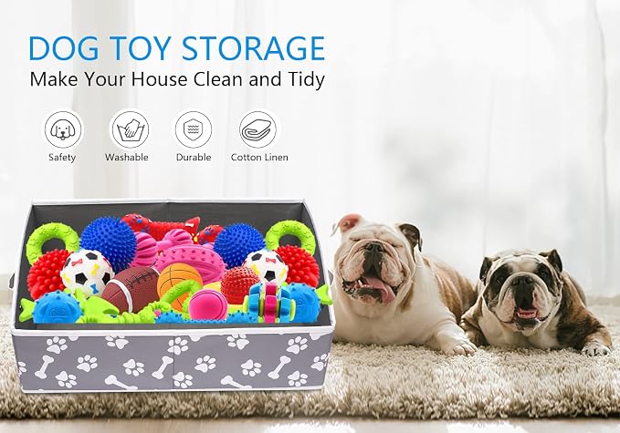 Morezi Linen-cotton blend dog toy basket and dog toy box, dog toy basket storage - Perfect for organizing pet toys, blankets, leashes, chew toys - Bone Paw