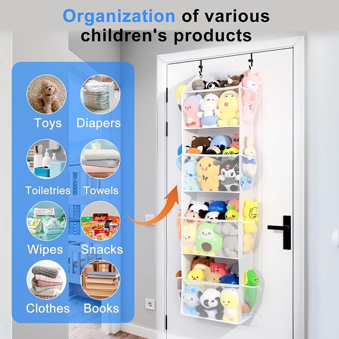 Over the Door Stuffed Animal Storage, Holds Up To 75 lbs, Easy View Over The Door Storage, Versatile For Stuffed Animal, ideal for Storing Small To Medium Items On Any Door.(White)