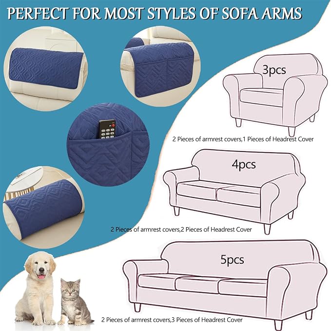 Water-Resistant Sofa Armrest and Headrest Covers, 2 Pockets | Quilted polyester helps shield recliners, loveseats and sofas from daily wear; silicone backing and fasteners improve grip