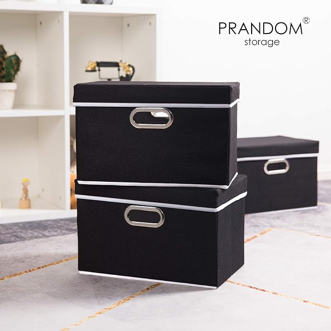 Foldable Storage Box with Lid [3-Pack] Fabric Collapsible Storage Bin Organizer Container Basket Cube with Cover for Home Bedroom Closet Office Nursery Black (14.9x9.8x9.8)