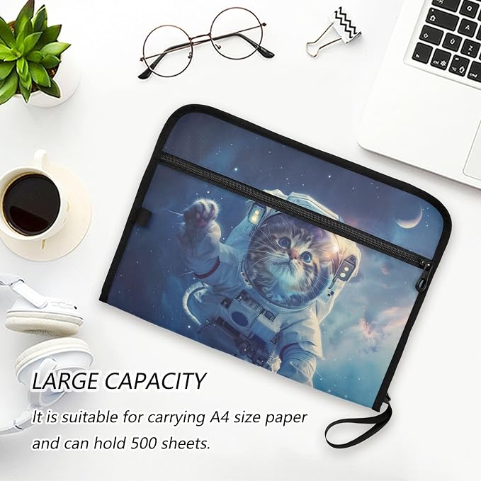 13 Pocket Zipper Expanding File Folder A4 Space Cat | Accordion File Organizer with Front Pouch A4 Letter Size Portable Folders for Documents Receipt School Office Supplies
