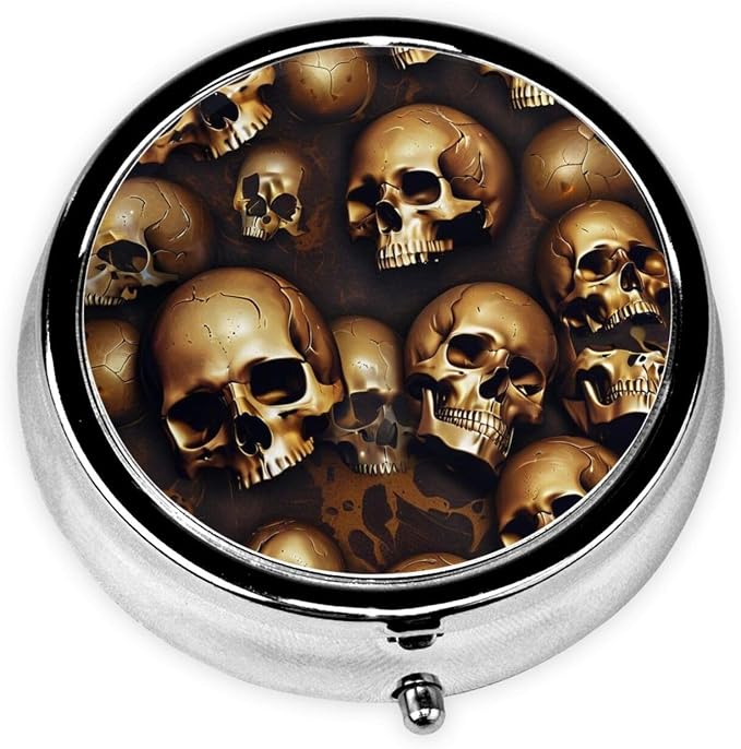 Purse Pill Case, Cool Skulls Head Mini Round Holder, Portable Organizer for Medicine, Travel Pill Box Pocket Carry for Seniors