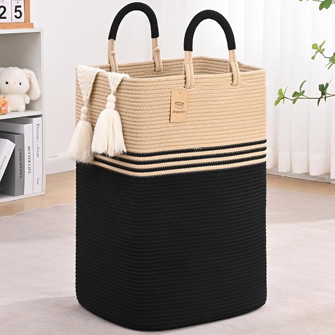 Laundry Basket Hamper,Blanket Storage,Dirty Clothes Hamper with Swivel Handles,Woven Cotton Rope Toy Baskets,Blanket Basket Living Room,Decorative Hampers for Nursery,Bedroom,Brown & Black,80L
