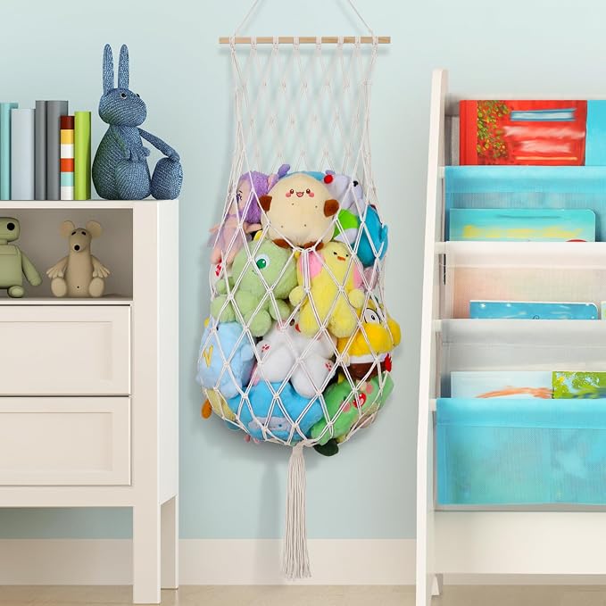 68 Inch Stuffed Animal Storage Net Corner Stuffy Hammock,Cream | Boho Macrame Large Toy Hammock for Stuffed Animals Organizer,Wall Ceiling Over Door Stuffy Storage Holder,Nursery Room Decor