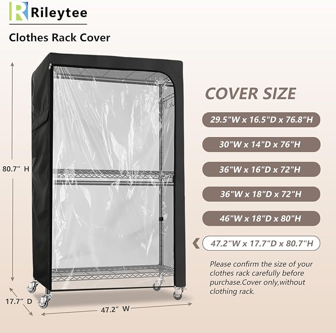 Rileytee Garment Rack Cover,600D Heavy Duty Waterproof Clothing Rack Cover,Clothes Rack Cover with Zipper for Metal Garment Rack（Clear Front,47.2"W x 17.7"D x 80.7"H,Cover Only)
