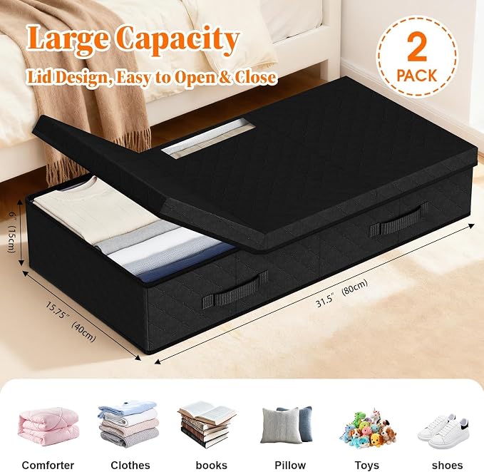 StoreHappily Under Bed Storage Containers with Lids, 2 Pack Foldable Black | Storage organizer, Stackable Clothes Storage Bags, For Blankets Pillows Clothing, Clear Window, 3-Sided Handles, Label Slot