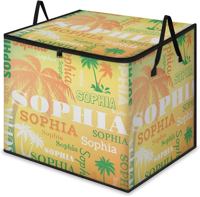 Personalized Extra Large Storage Basket with Lid, Comforters, Orange Green Palm Trees Yellow Background Bedding Storage Bin for Home, Collapsible Basket for Clothes, Moving, Car Trunk