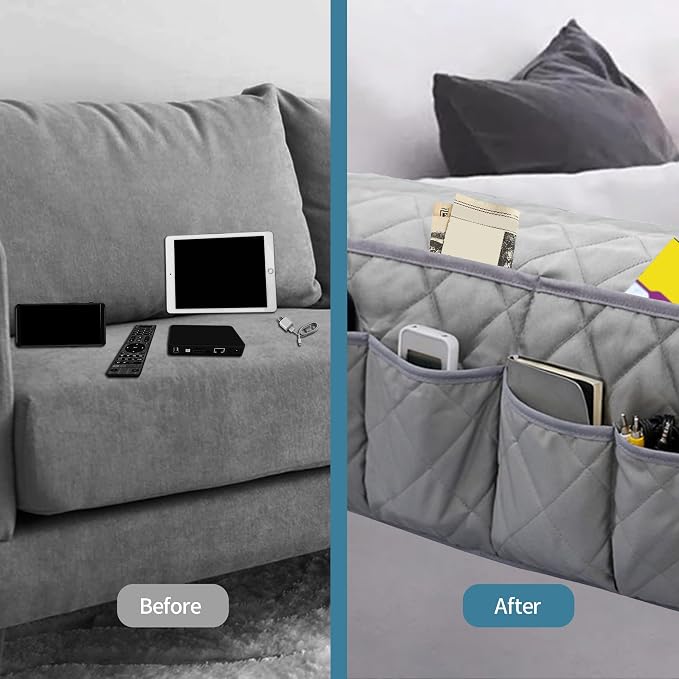 MEHIDFY Armchair Caddy Remote Control Holder for Couch Recliner Armrest Organizer Non Slip Couch Arm Covers for Sofa with 14 Pockets Storage for Magazine, Tablet, Phone, iPad (Grey 2pcs)