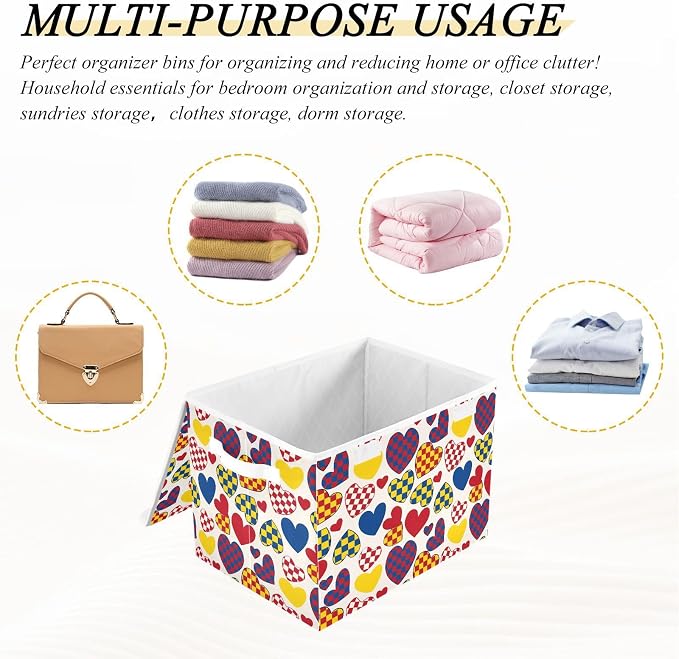 Color Heart Fabric Storage Bins with Lid Foldable Storage Boxes 40L Baskets | Decorative Storage Boxes, Dust-Proof Flip Top, Reinforced Handles, For Home & Bedroom, Clothes & Toy Box, Oxford Fabric Print