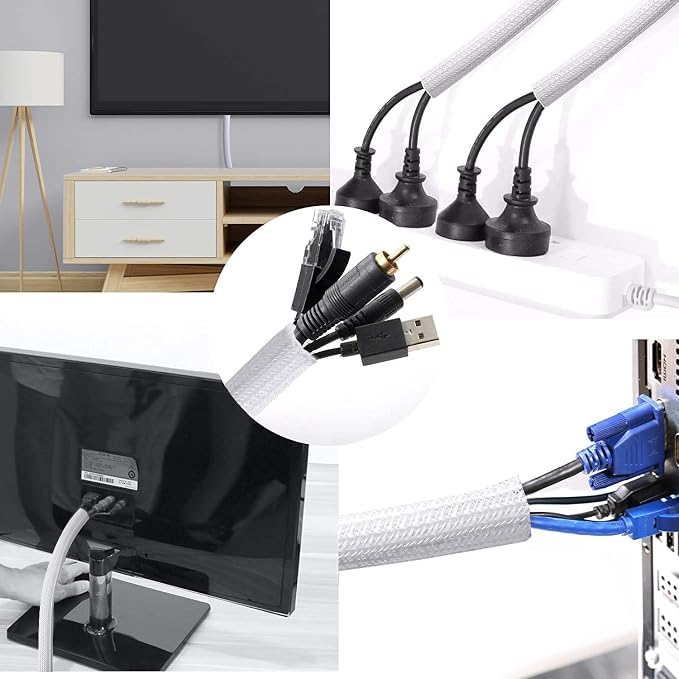 Cable Management Sleeve, Split Design, 10FT - 3/4 Inch, White | Cord Protectors from Pets | Heat & Abrasion Resistant Wire Loom | Automotive Wiring & Home Office Cable Organization