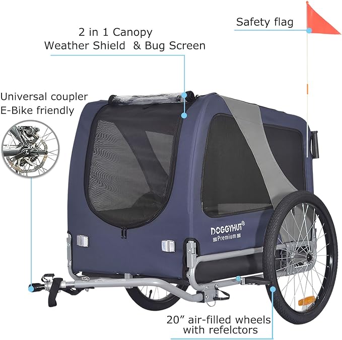 DOGGYHUT® Premium Large Pet Bike Trailer & Stroller Up to 77 lbs (Blue) | Bicycle Trailer for Small Medium or Large Dogs, Dog Bicycle Carrier, Low Center of Gravity, Folding Frame Cart