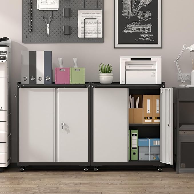 32''H Metal Storage Cabinet with Wheels, Garage Tool Storage Cabinets with Lock, Lockable Steel Rolling Tool Chest with Doors & Adjustable Shelves for Garage, Home, Office