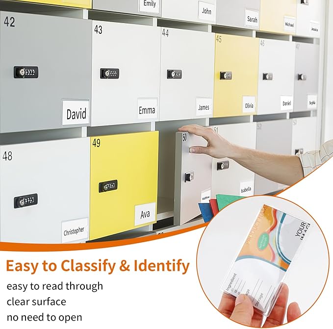 Storage Bin Labels, 2×3.5 in Index Card Holder, Clear Adhesive Pockets | 44 Pcs, Strong Adhesive, Waterproof & Clear, Removable with No Residue, for Tote Box Drawer, Library Classroom Organization