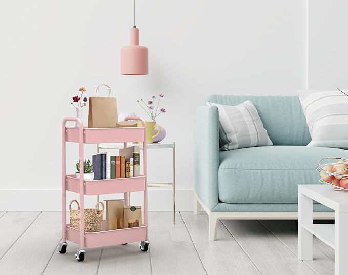 CAXXA 3-Tier Rolling Metal Storage Organizer - Mobile Utility Cart with Caster Wheels, Pink