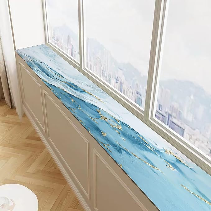 Cut-to-fit Narrow Window Sill Mat,Absorbent Window Sill Cushion Pad Non-Slip Backing,Customizable Decorative Window Sill Protector Cover for Dog Cat Pets(59" L x 6" W, Blue B)