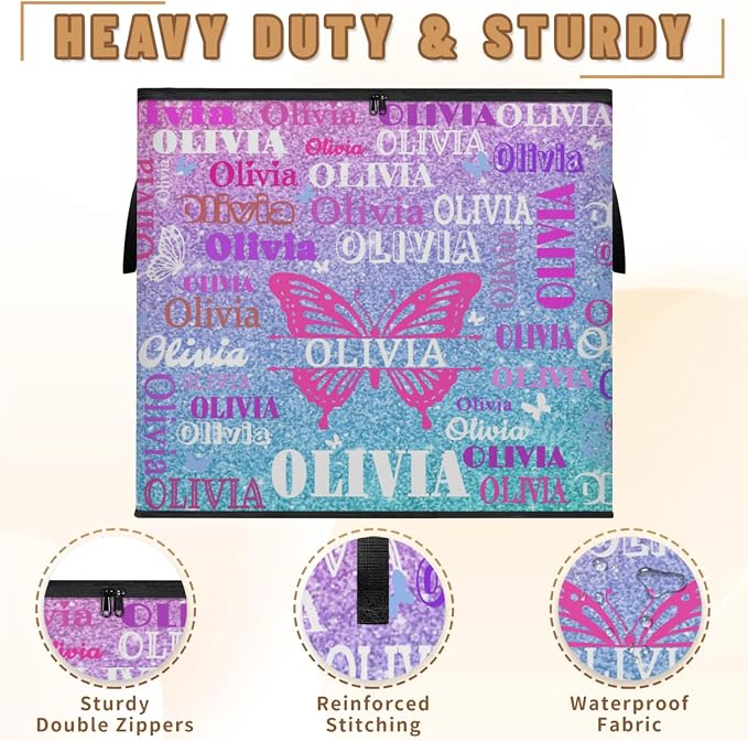 Custom Name Comforter Storage Bin with Lid, Personalized XL Butterfly Storage Basket with Handles Zippers Organizing Blankets, Bedding Closet Shelf Baskets, Pink Blue Glittery Sequins