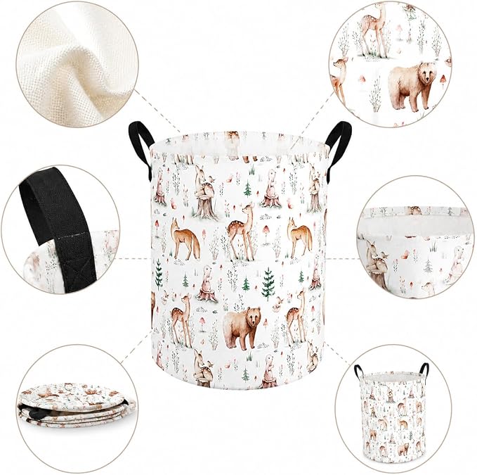 MAIZMZ Woodland Animal Storage Bin, Waterproof Lining Laundry Basket with Leather Handles for Kids Room, Gifts