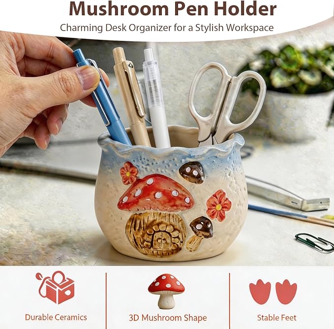 Ceramic Mushroom Shaped Pen Pencil Holder for Desk Decoration Accessories Mushroomb Decor Makeup Brush Pen Cups Office School Ideal Gifts for Women, Mom or Birthdays (light blue)
