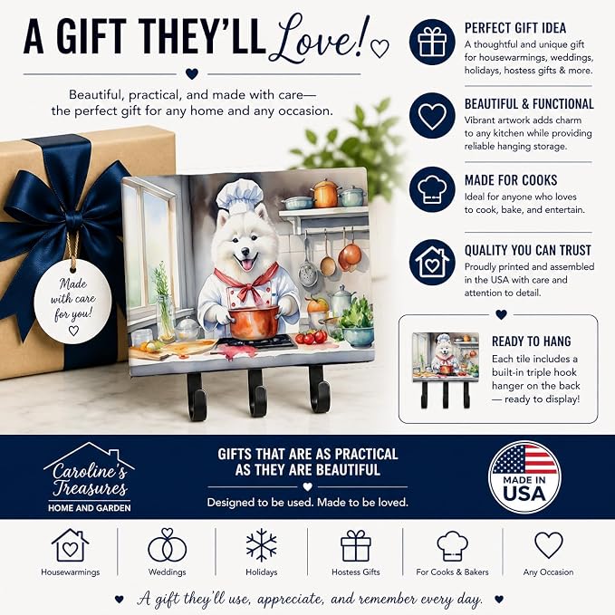 Caroline's Treasures Samoyed The Chef Leash or Key Holder Wall Hooks, Key Hooks Holder, Coat Rack Wall Mount, Coat Hooks, Hooks for Hanging Keys, Towels, Aprons, Leashes | Samoyed The Chef artwork on ceramic tile with three steel hooks for keys, leashe...