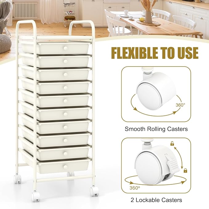 10 Drawer Rolling Storage Cart, Organization Cart on Drawers for Craft Makeup Paper Tool Art Supply, Versatile Utility Cart on Wheels for Home Office Classroom School (White)