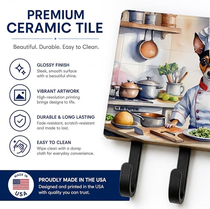 Caroline's Treasures Rat Terrier The Chef Leash or Key Holder Wall Hooks, Key Hooks Holder, Coat Rack Wall Mount, Coat Hooks, Hooks for Hanging Keys, Towels, Aprons, Leashes | Rat Terrier The Chef artwork on ceramic tile with three steel hooks for keys...