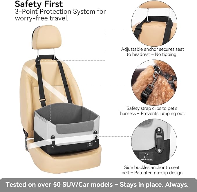 A 4 Pet Dog Car Seats for Small Dogs, Under 25 lbs, Patent Buckles | Adjustable leash, frame support, reduces anxiety, for cars/SUV/pickup